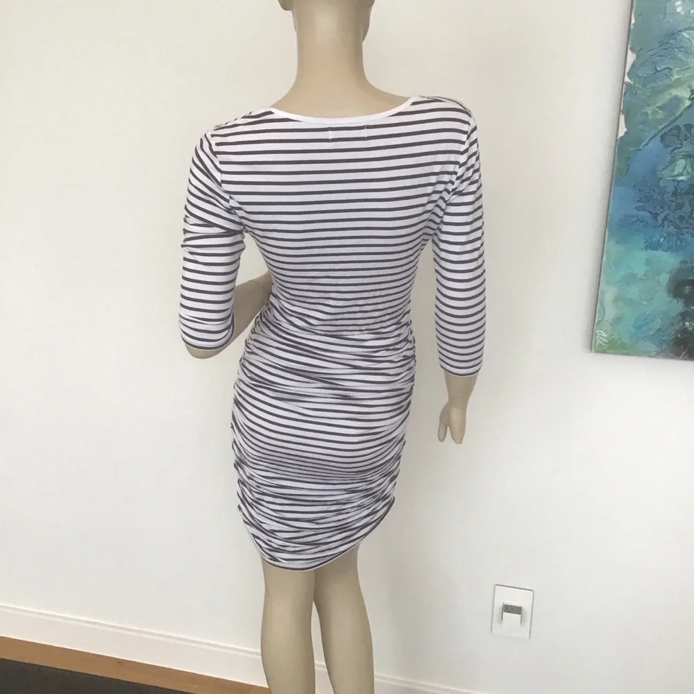 Mott50 Faith Bodycon Navy White Striped Bamboo Sun Protect SPF 50 Ruched Dress S